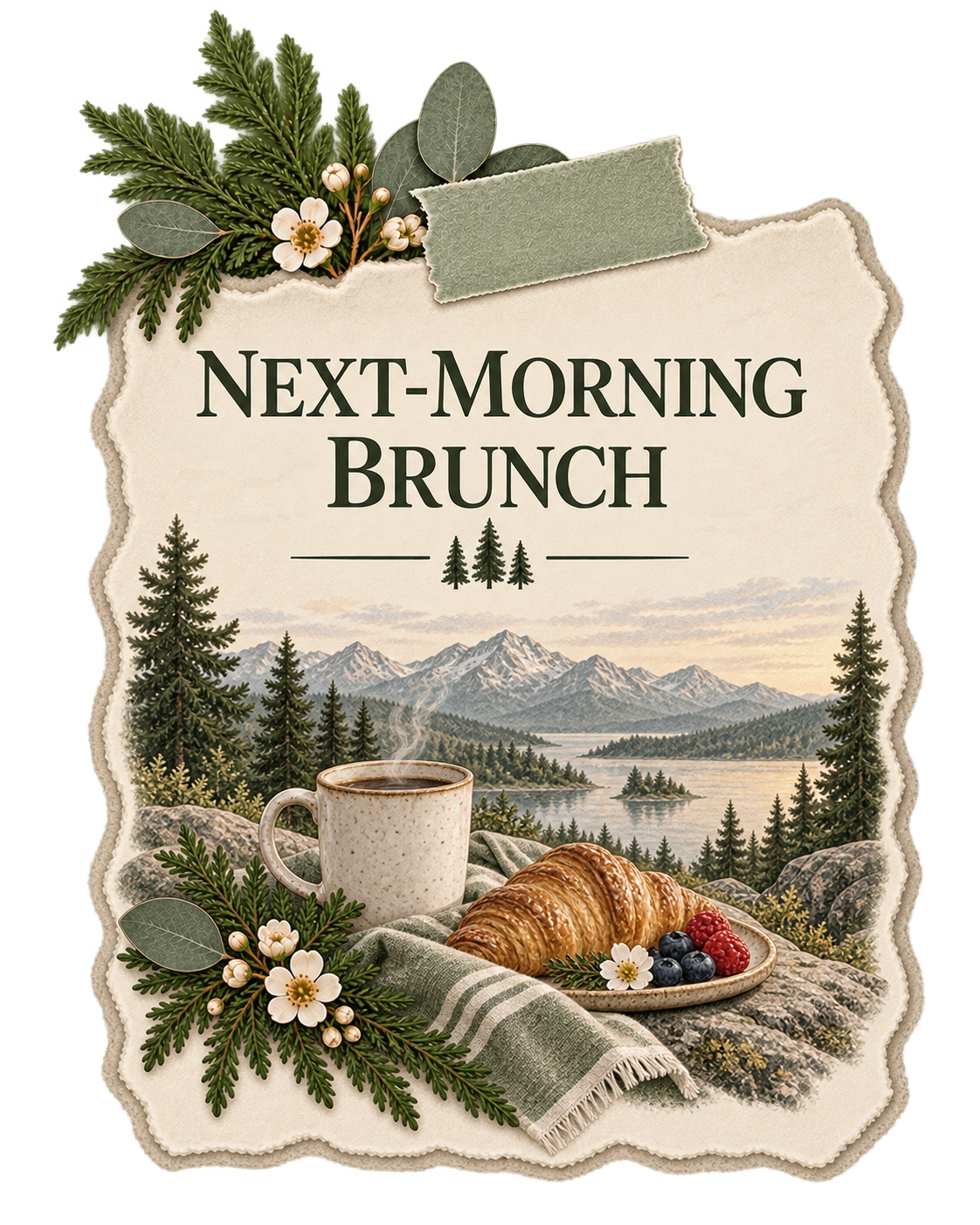 Next-morning brunch elopement card with coffee, croissant, berries, evergreen foliage, and a mountain lake view on torn cream paper.