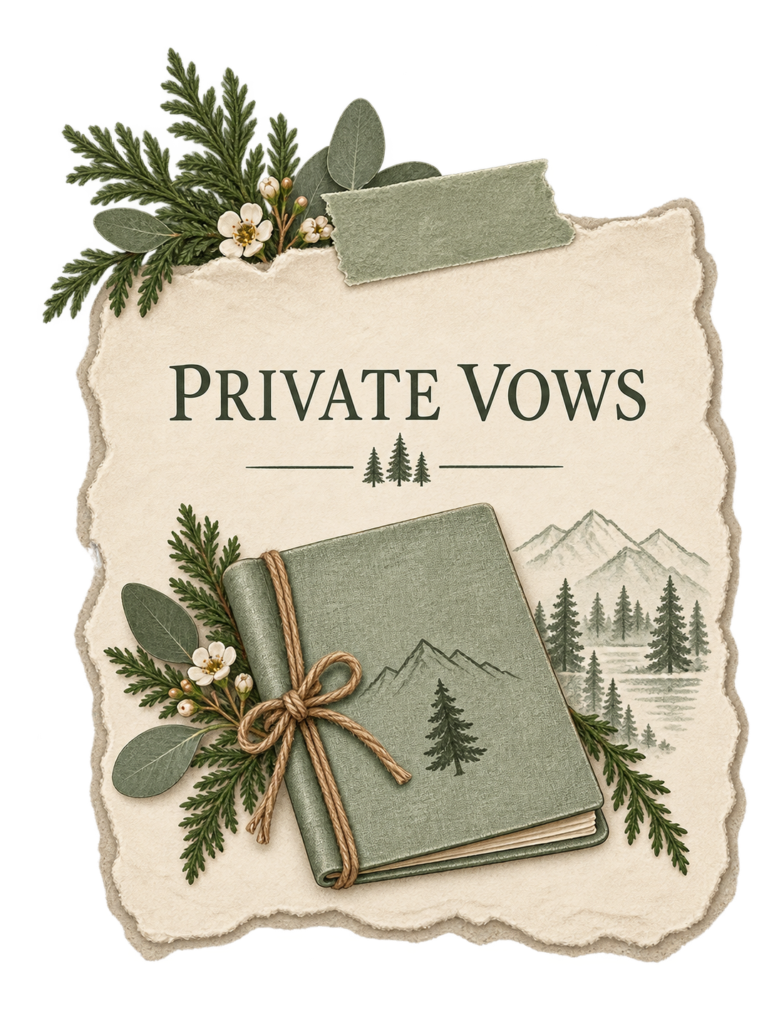 Private vows elopement card with a sage vow book, evergreen foliage, white flowers, and mountain trail-guide illustrations on torn cream paper.