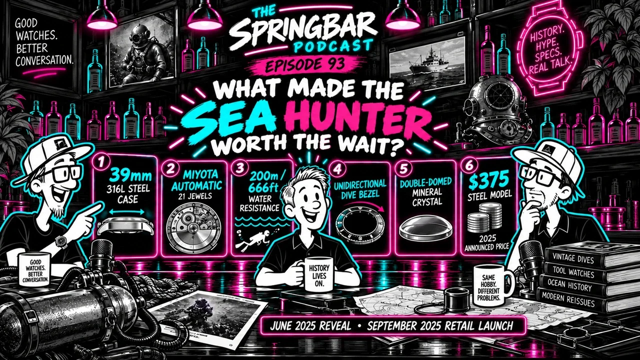Springbar Podcast infographic showing the 2025 Caravelle Sea Hunter's 39mm case, Miyota automatic movement, 200-meter water resistance, dive bezel, mineral crystal and $375 announced price.