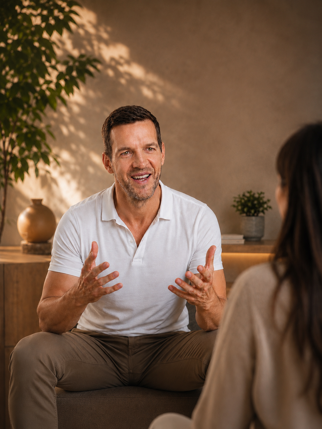 Man in white polo shirt talking and making hand gestures during therapy session, woman in beige looking on, cozy room with decorative plants and pottery in background.