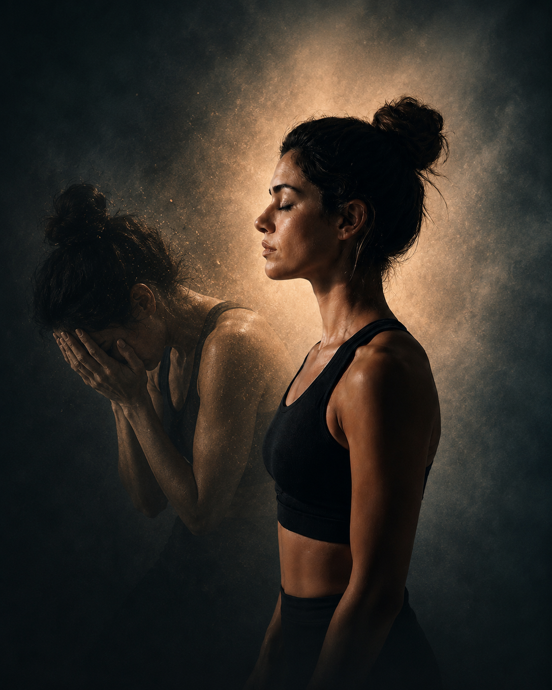 A woman with dark hair in a messy bun stands with her eyes closed and a calm expression, while another woman behind her clutches her face and tears up, both in athletic wear with a glowing background.