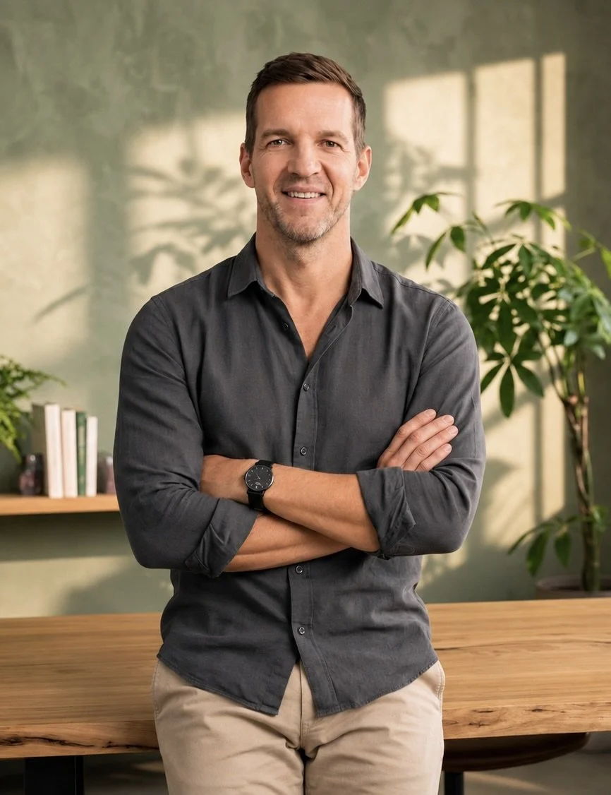 A man in a dark gray shirt and khaki pants standing with arms crossed, smiling, in a room with green walls, a wooden table, and houseplants.