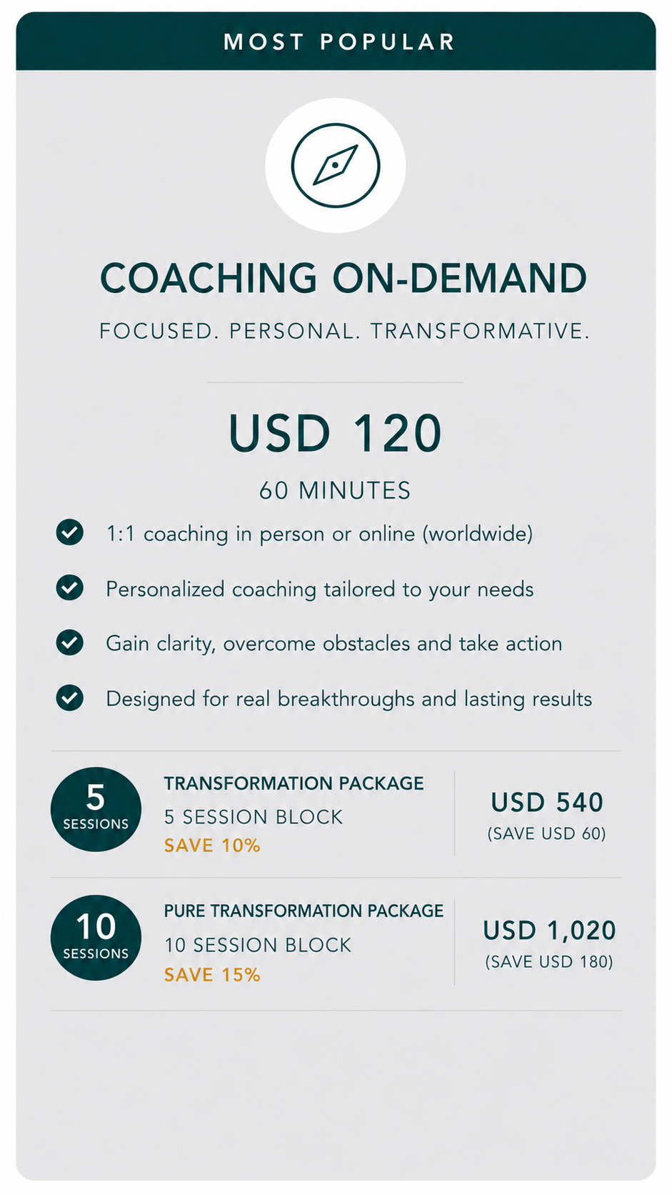 A promotional flyer for on-demand coaching services featuring options for 60-minute sessions at $120, with packages for 5 or 10 sessions offering discounts, and descriptions emphasizing personalized coaching to overcome obstacles, gain clarity, and achieve results.