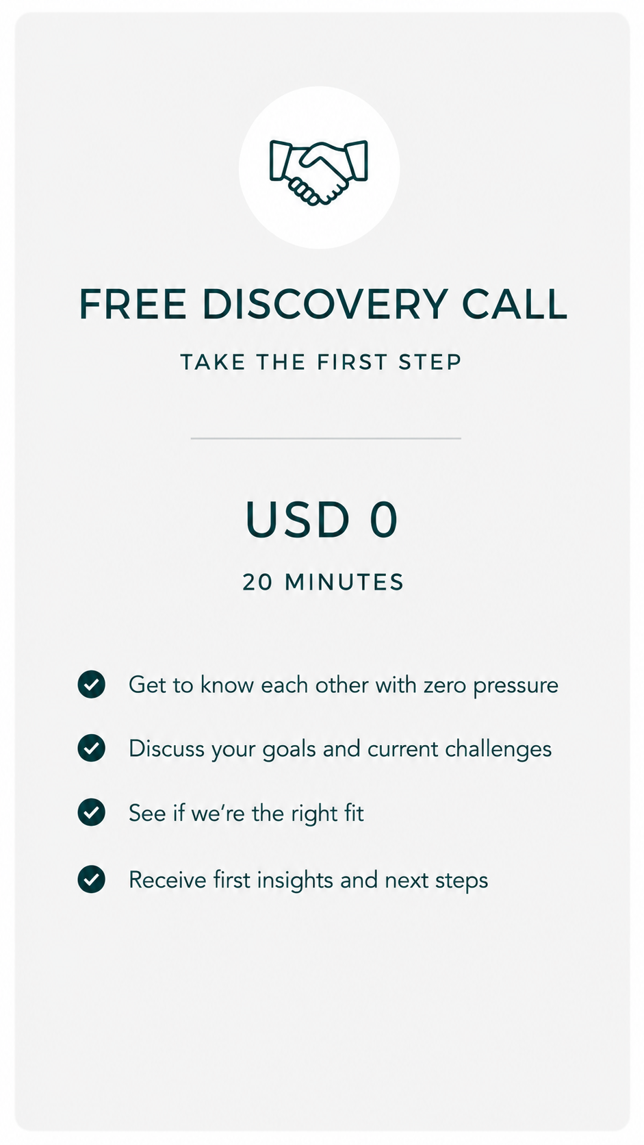 A promotional flyer for a free discovery call, featuring a handshake icon, details about the call duration, cost, and benefits, with a minimalistic design and dark green text on a light background.