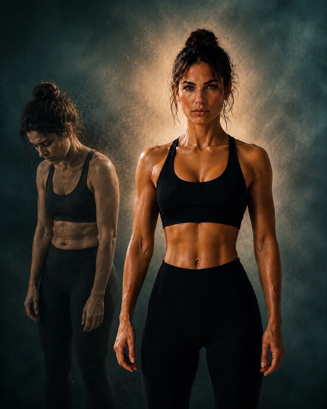 Two fit women in workout clothes, one with water droplets on her skin, standing confidently with serious expressions, against a dark background with a glowing light behind their heads.