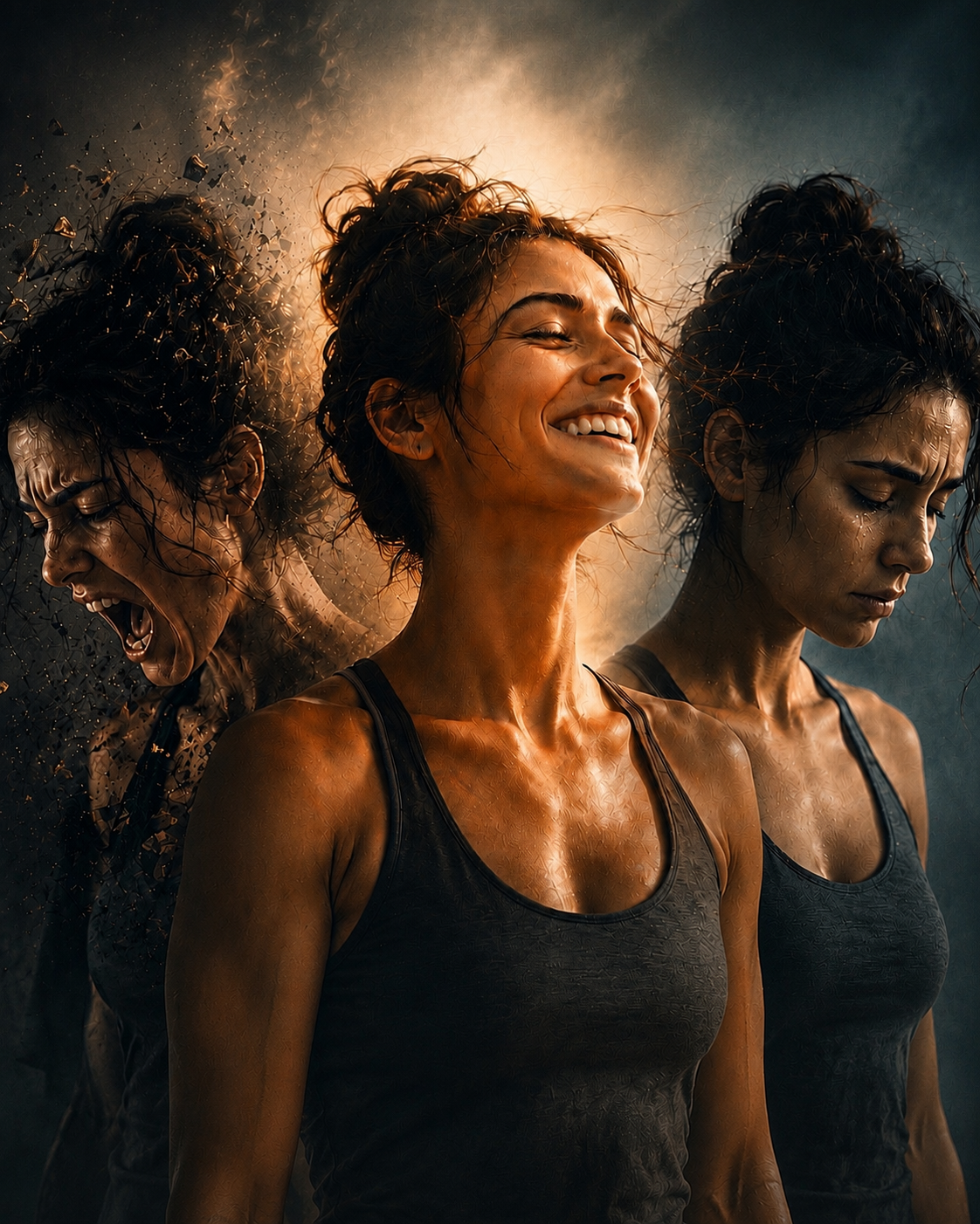 Three women with wet hair and athletic clothing showing different emotional expressions, with a smoky background.