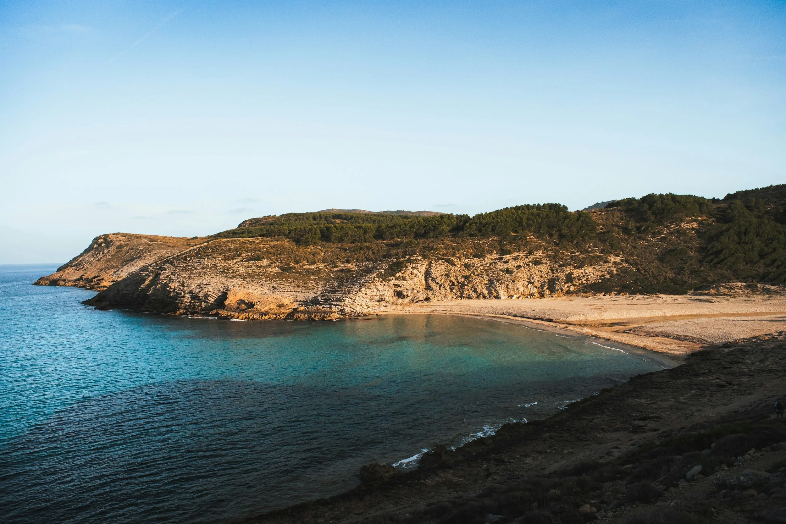 A coastal landscape with a sandy beach, rocky cliffs, and green shrubbery under a clear blue sky.