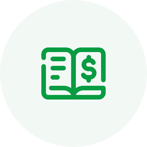 Groene cirkel met een boek en een dollarteken erin, symboliserend financiële kennis of educatie over geld.