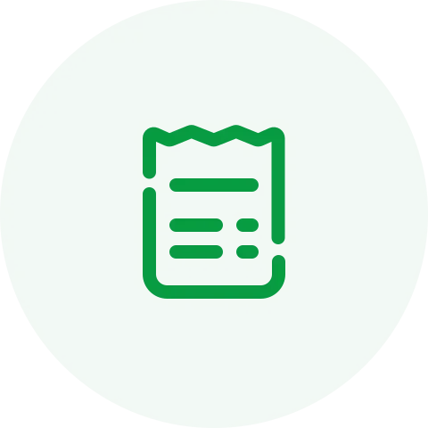 Een groene cirkel met een lineaire pictogram van een bon of factuur in het midden.