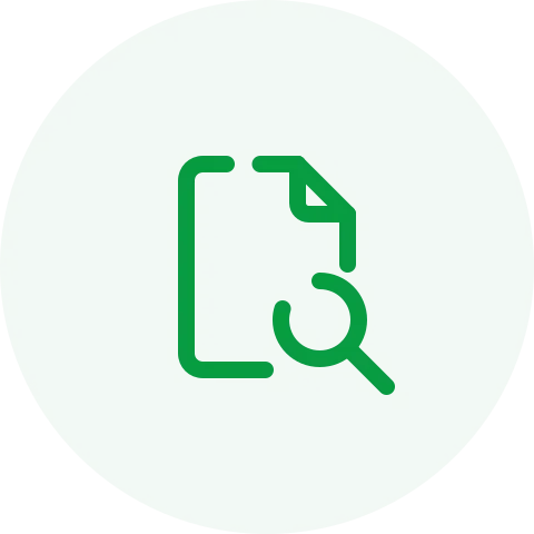 Groene cirkel met Pictogram van document en vergrootglas.