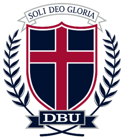 A shield with a cross in the center, surrounded by blue laurel branches, with a banner above reading 'Soli Deo Gloria' and a banner below reading 'DBU'.