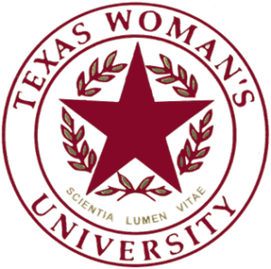 Texas Woman's University logo with a maroon star, laurel branches, and the university's name in a circular design.
