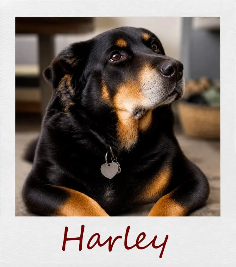 Photo of a black and tan dog with a heart-shaped collar tag, lying down indoors with a blurred background, and the name Harley written below.