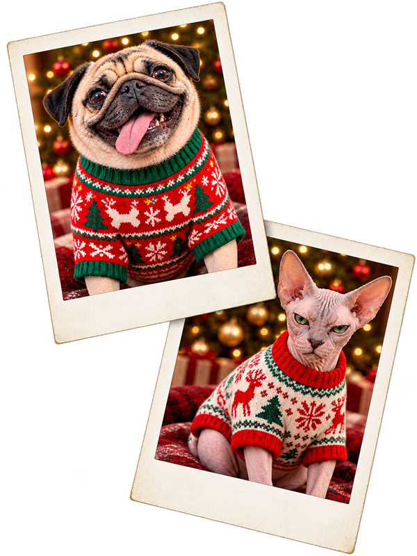 Happy pug and grumpy hairless cat wearing ugly Christmas sweaters in overlapping Polaroid photos for Harley’s Hope Foundation holiday fundraiser.