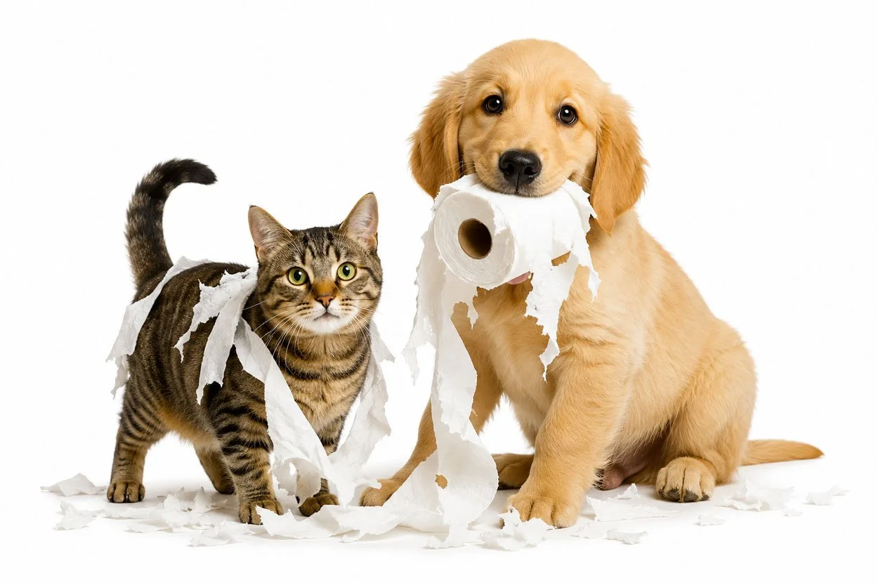 A tabby cat and a golden retriever puppy with torn toilet paper.