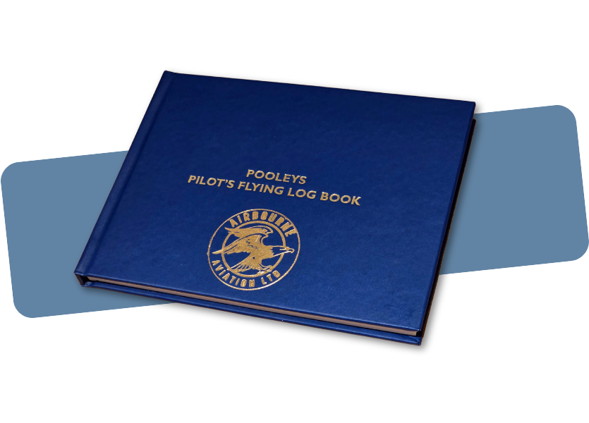 Blue pilot's flying log book with gold lettering and logo on the cover.