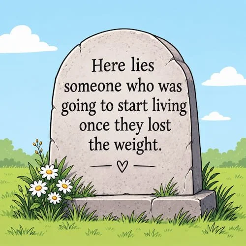 Cartoon gravestone reading: here lies someone who was going to start living once they lost the weight