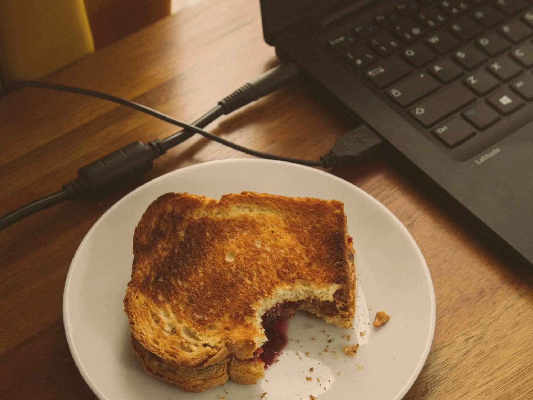 Some half-eaten toast next to a laptop