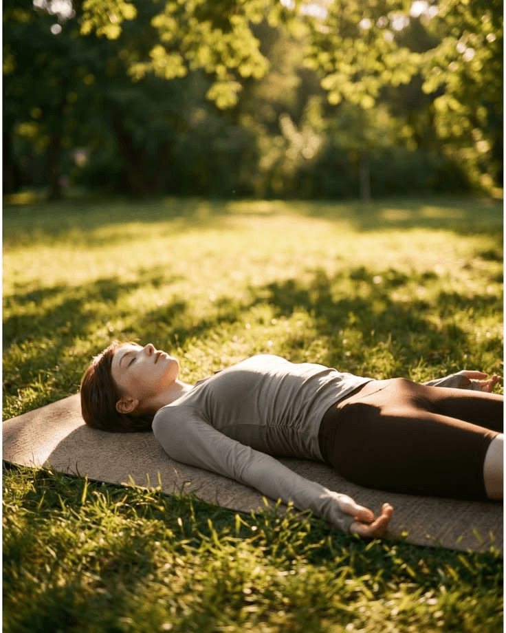 Woman lying on her back on a yoga mat in a sunny grassy park