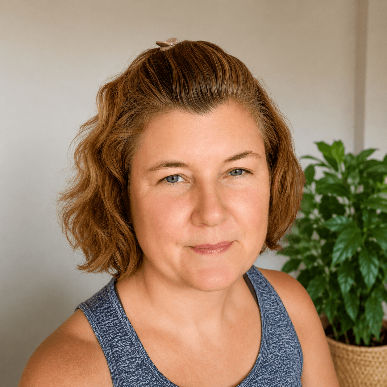 Close-up portrait of a smiling woman with curly auburn hair wearing a blue sleeveless top, with a potted plant in the background