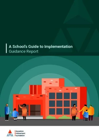 Cover of a guide report titled 'A School's Guide to Implementation' with an illustration of a school building and several people standing outside.