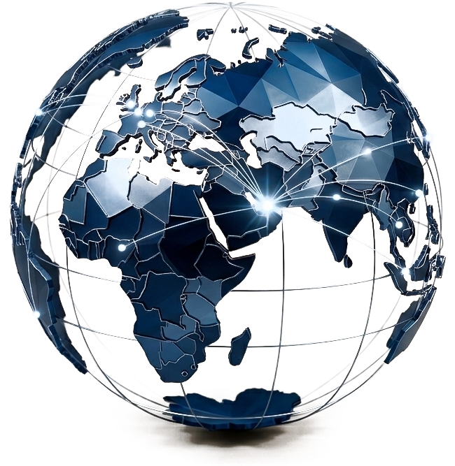 Digital representation of a globe highlighting Europe, Africa, and parts of Asia with interconnected lines and glowing points indicating global connections.