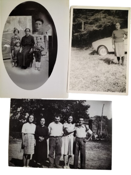 Photographies en noir et blanc de plusieurs personnes, notamment des femmes et des hommes, posant à l'extérieur, avec un arbre et une voiture dans le décor.
