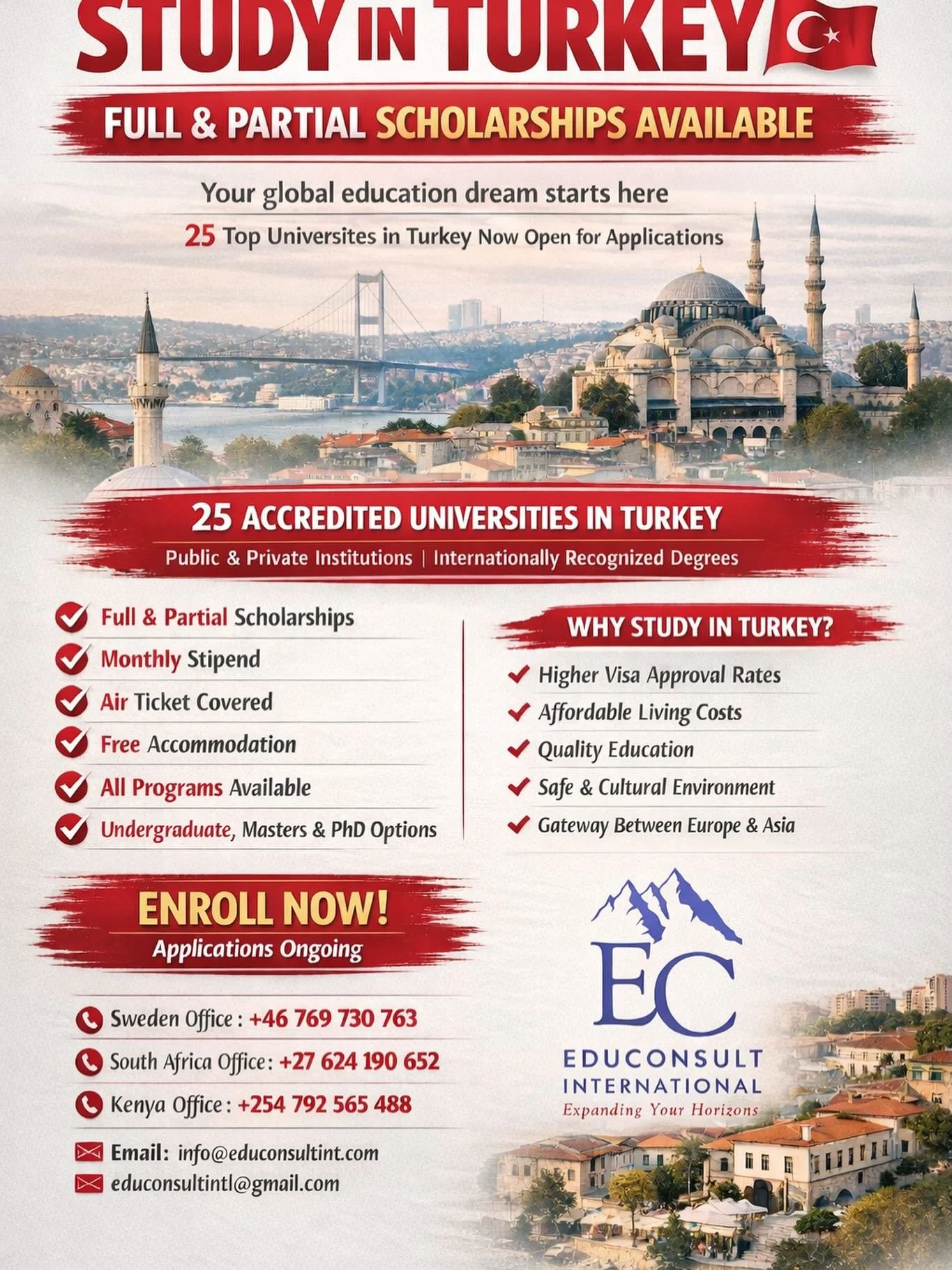 🎓✨ STUDY IN TURKEY 🇹🇷
Full &amp; Partial Scholarships Available

Your global education dream starts here.
Study at 25 accredited universities in Turkey with opportunities that include monthly stipend, accommodation, and air ticket coverage.

With 