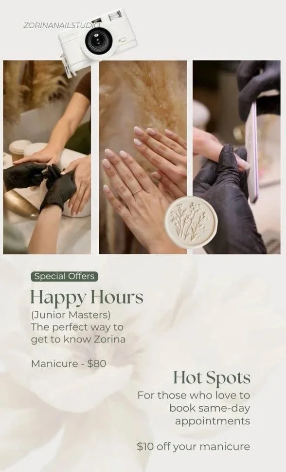 Flyer for Zorina Nail Studio featuring promotion for Happy Hours and Hot Spots, with photos of manicure services and a logo of a plant in a circle.
