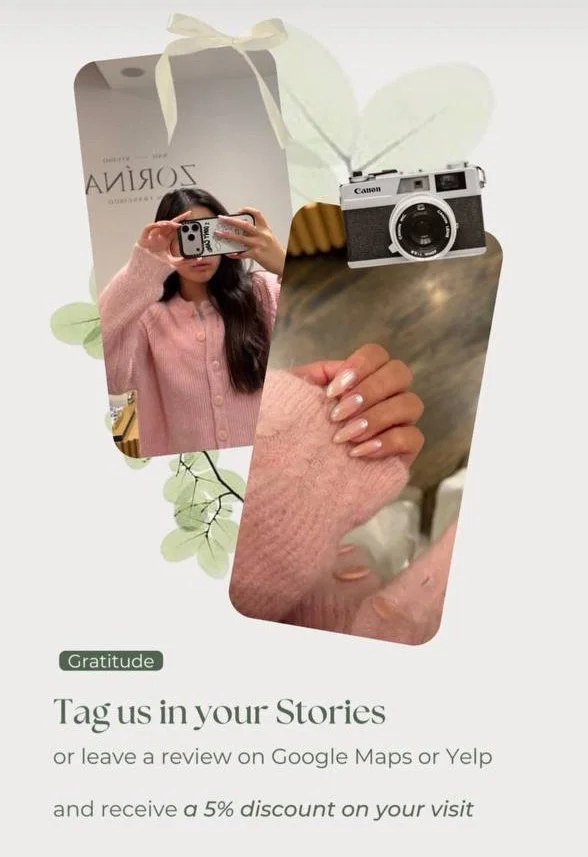 A promotional graphic encouraging customers to tag the business in their stories or leave reviews on Google Maps or Yelp, offering a 5% discount. The design includes two mirrors showing a woman taking a selfie, with a Canon camera mounted on one mirror, and floral accents in the background.