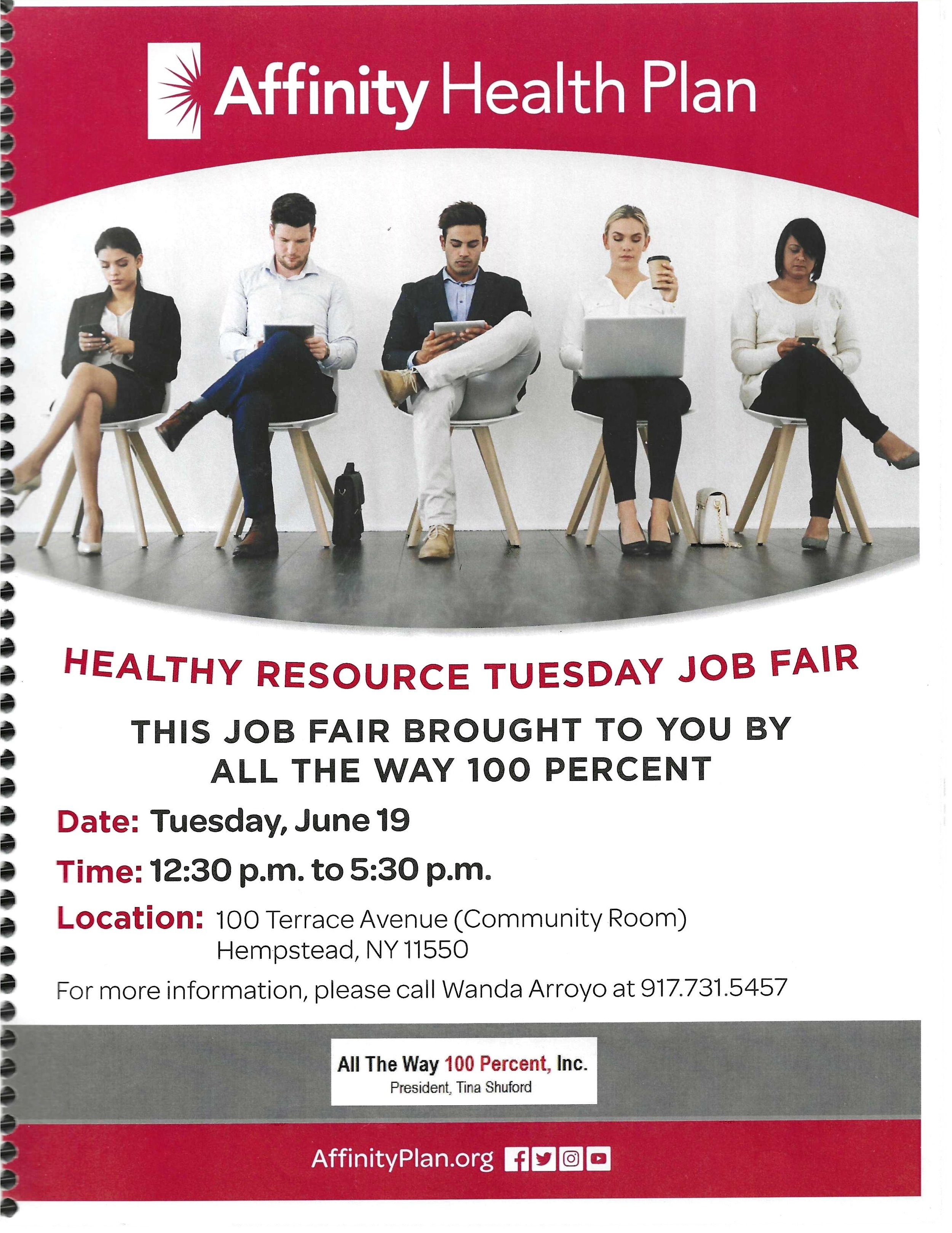 Poster for a job fair titled 'Healthy Resource Tuesday Job Fair' showing five people sitting on chairs, using laptops and smartphones, with a red and white background and event details including date, time, and location.