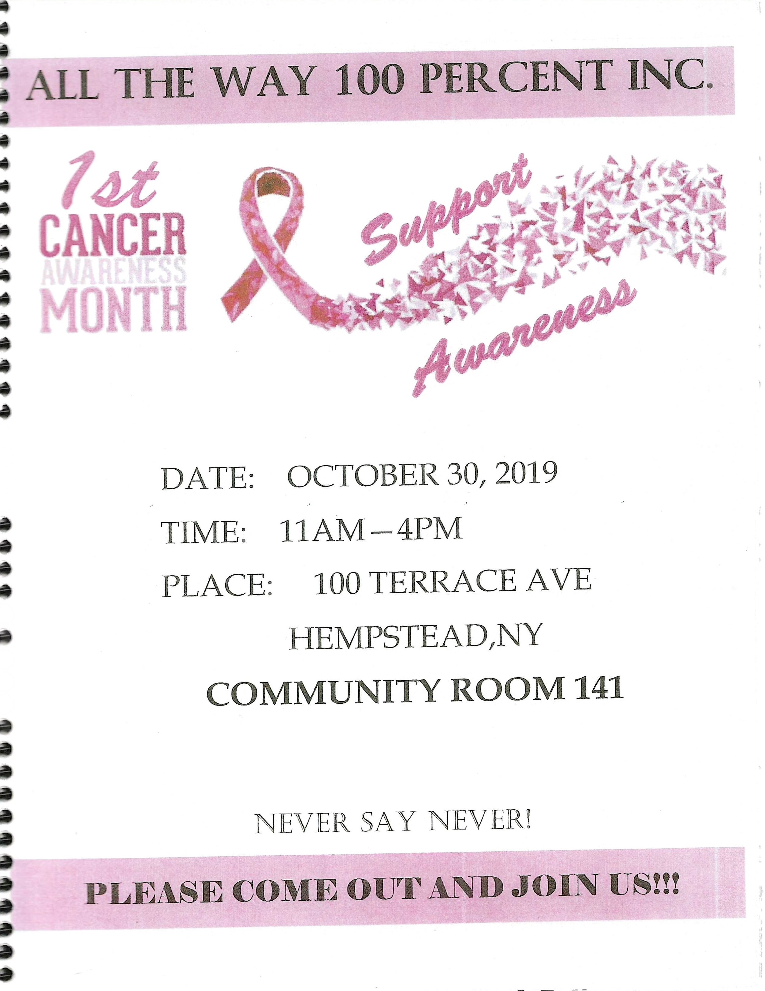 Pink ribbon and text promoting breast cancer awareness month, with event details for October 30, 2019, at Hempstead, NY.