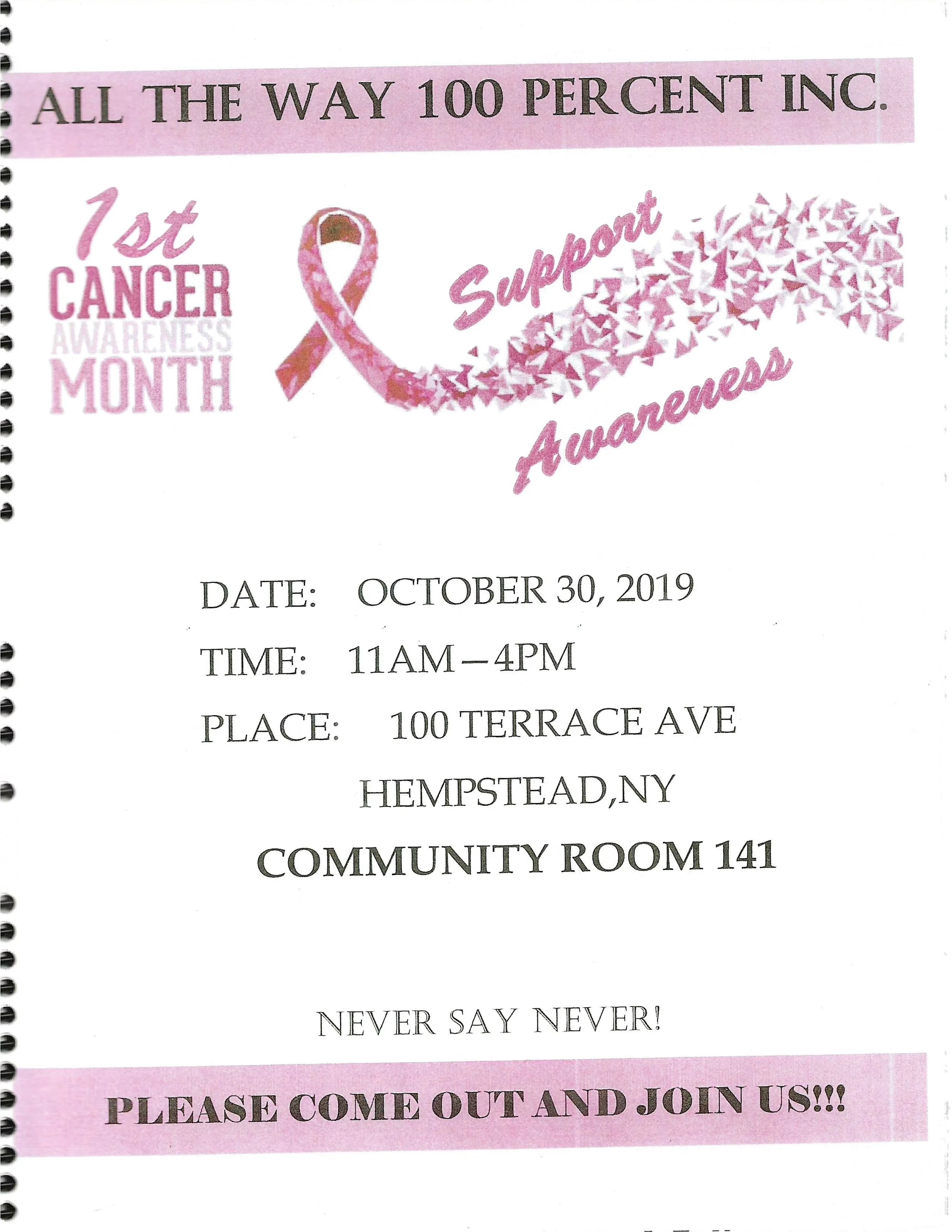Flyer for Breast Cancer Awareness Month, featuring pink ribbon and text about support and awareness event details in Hempstead, NY.