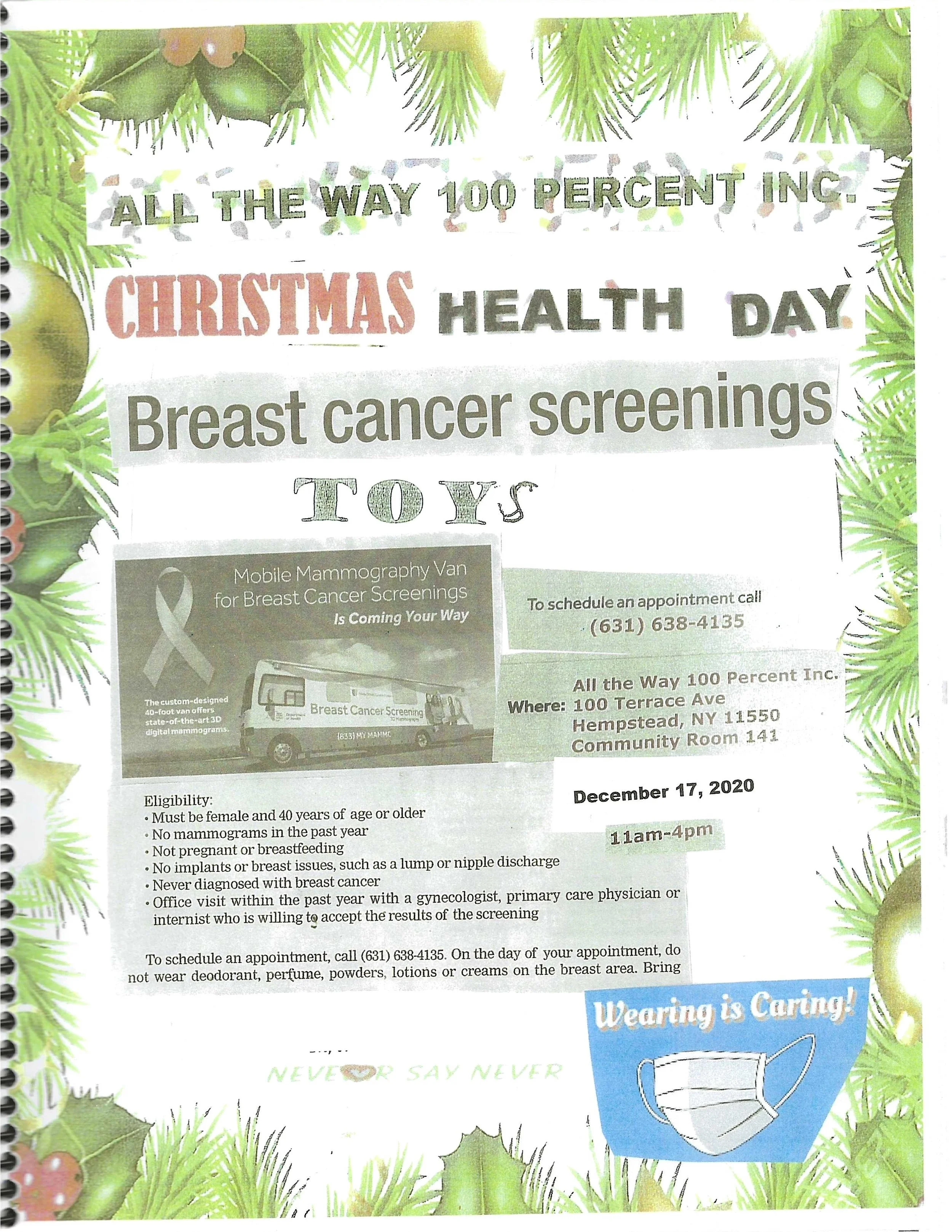 Flyer for breast cancer screening by All The Way 100 Percent Inc. on December 17, 2020, from 11 am to 4 pm. The flyer has a Christmas theme with green pine branches and ornaments around the edges.