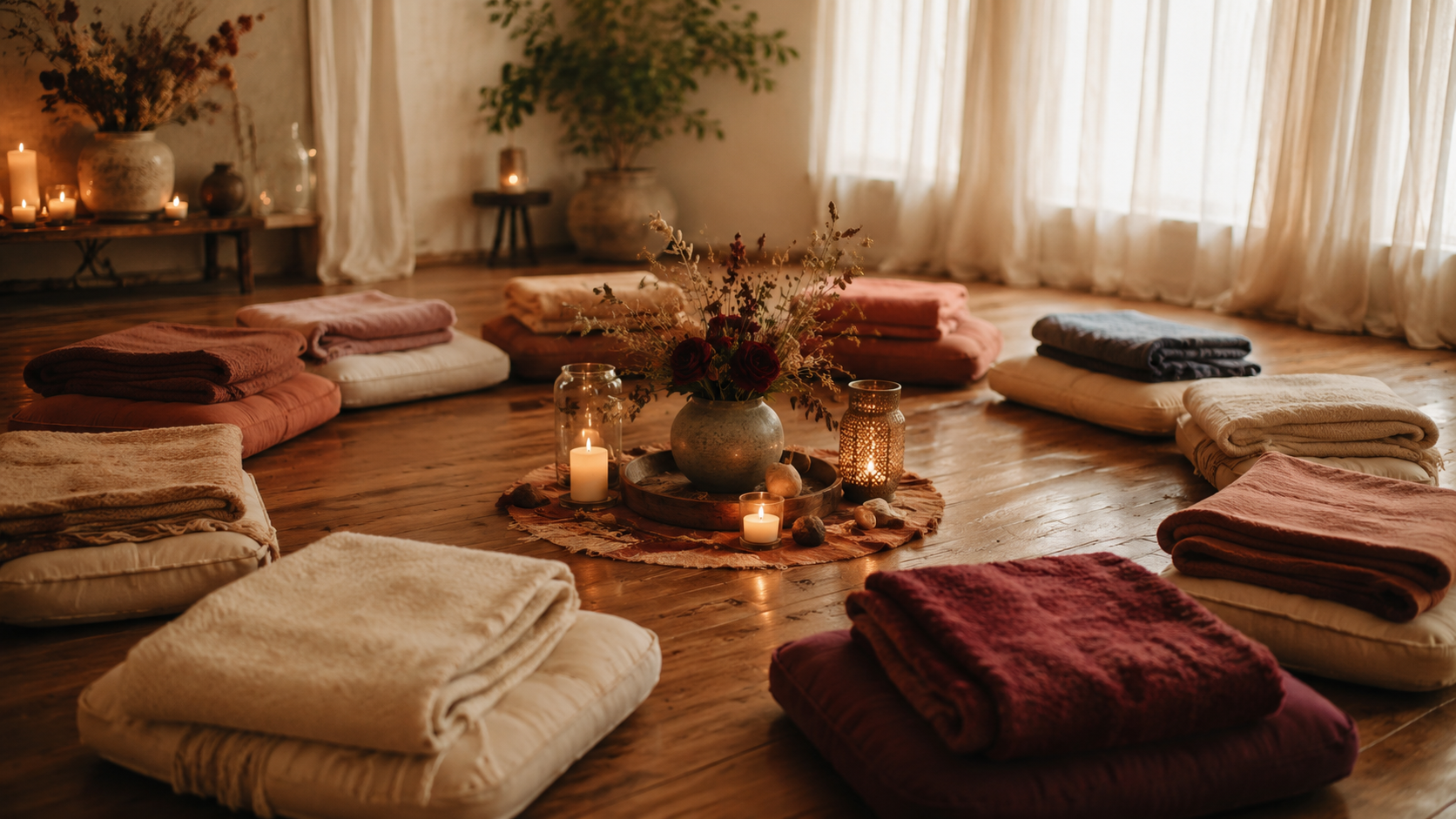 Sala de meditación con cojines en círculo, decoración cálida con velas, flores y cortinas ligeras.