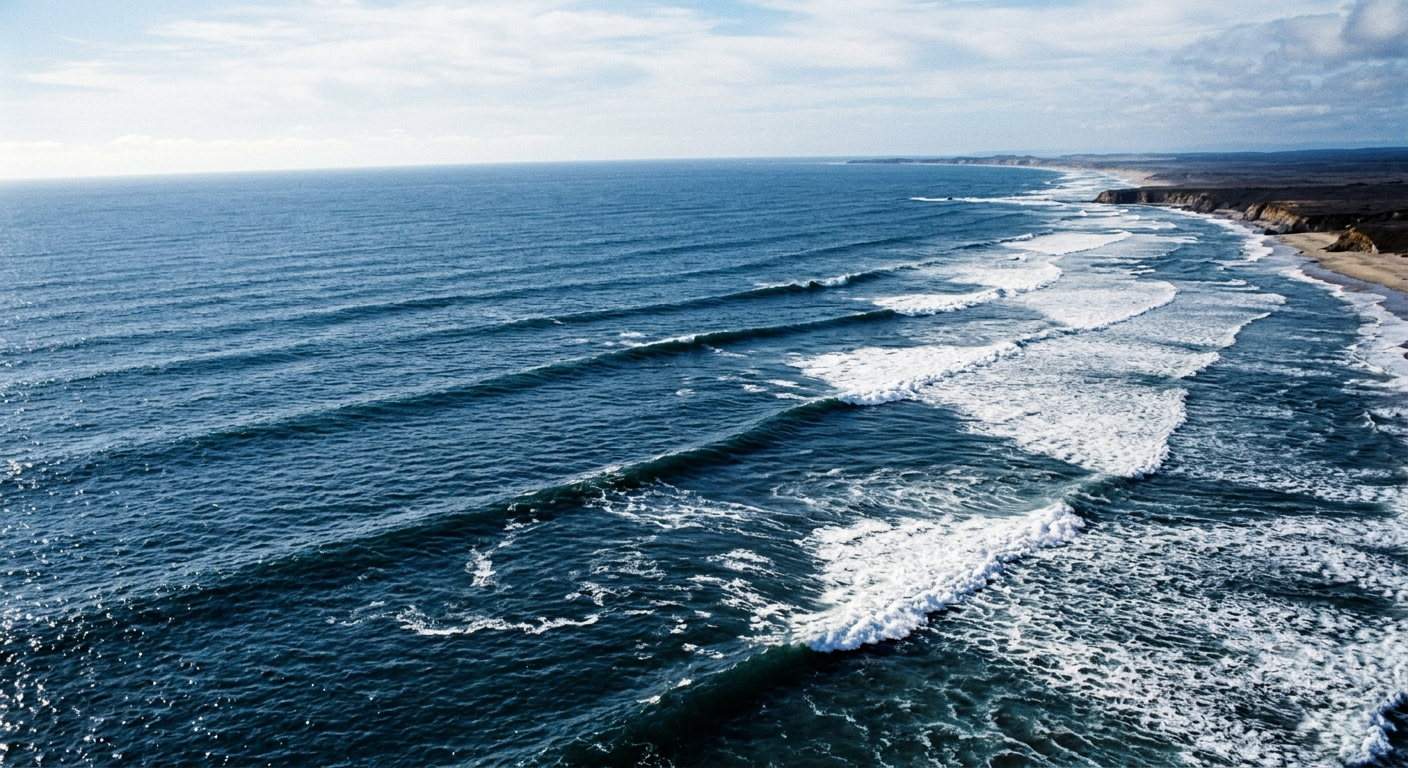 Aerial view of the ocean with waves crashing onto a beach and cliffs in the distance.