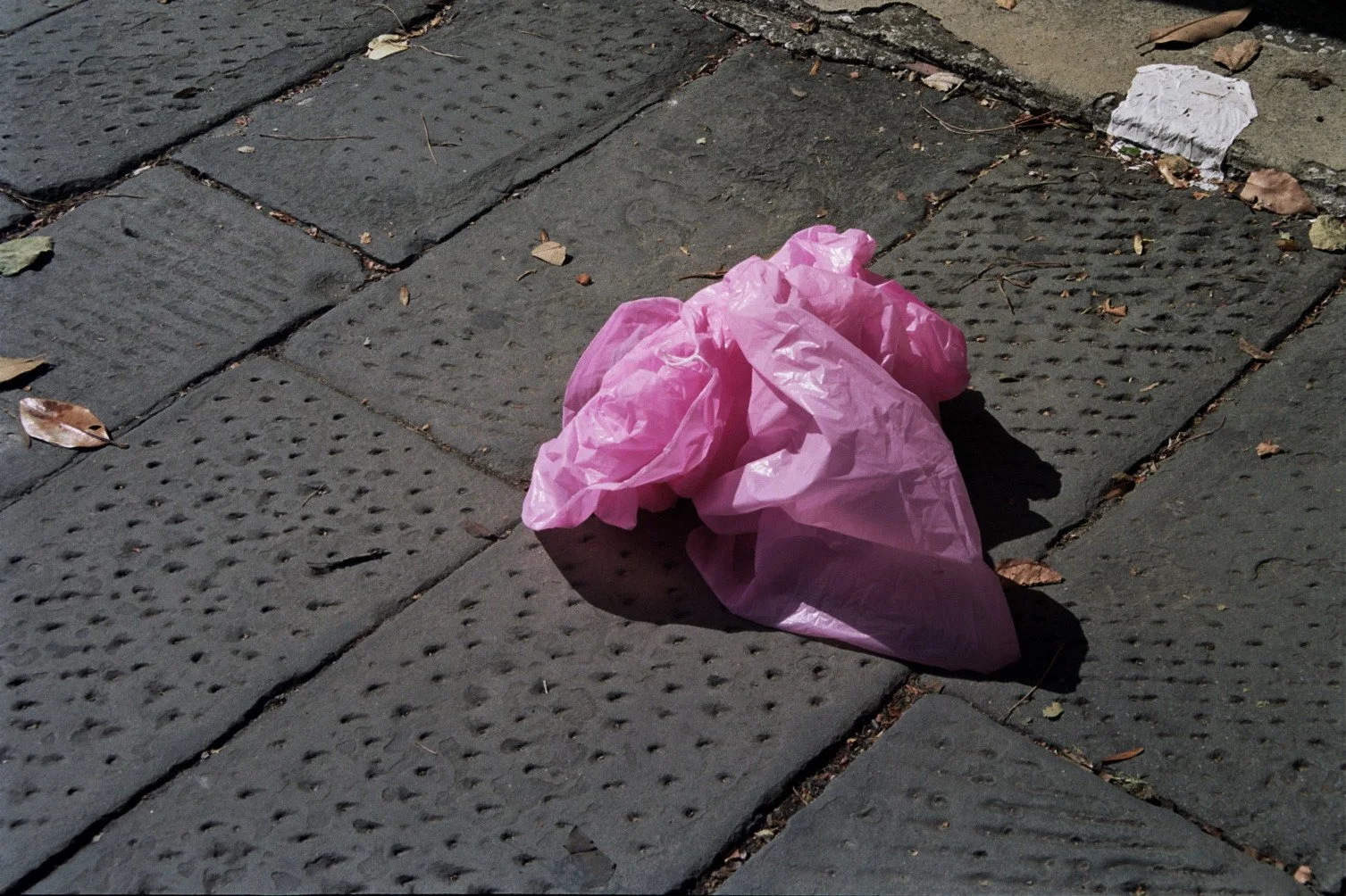 Eine auf dem Bürgersteig liegende zerknüllte rosa Plastiktüte, umgeben von einigen Blättern.