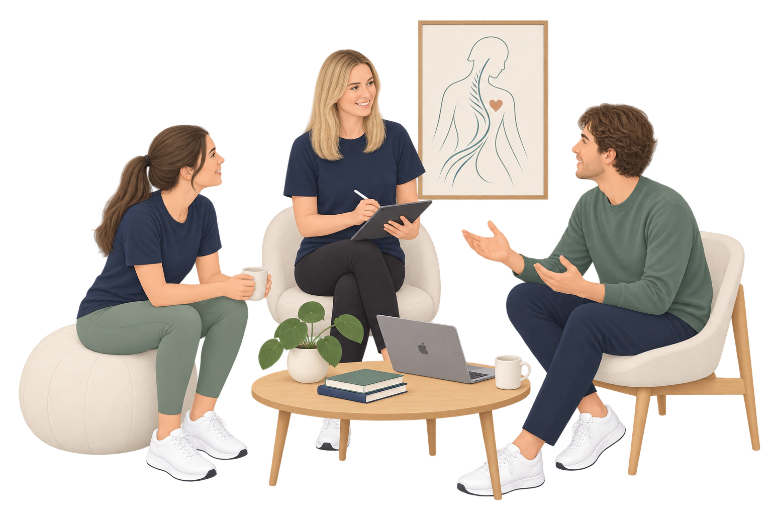 Fysioterapeuter i faglig samtale og samarbeid.