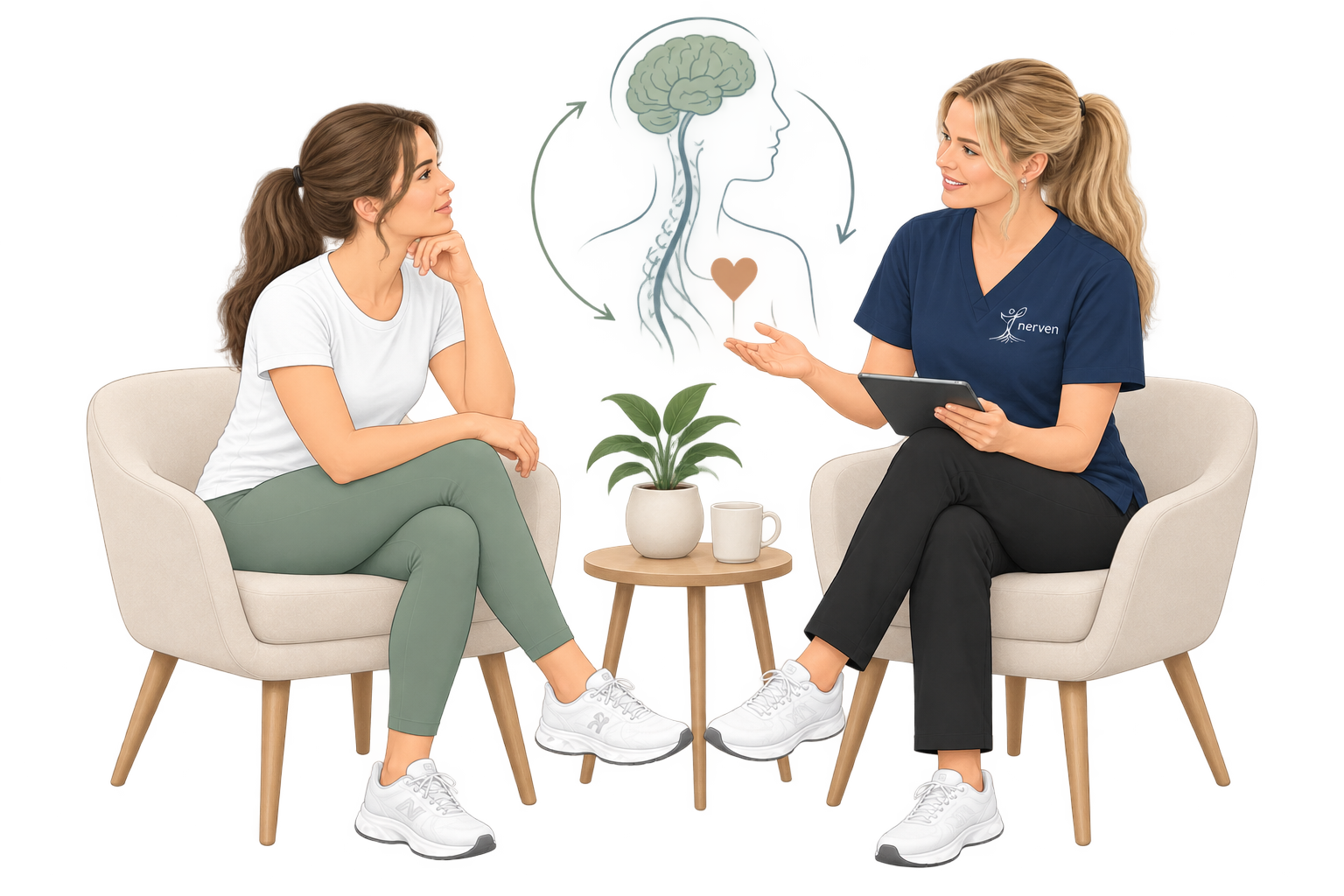 Fysioterapeut og pasient i samtale under Pain Reprocessing Therapy (PRT).