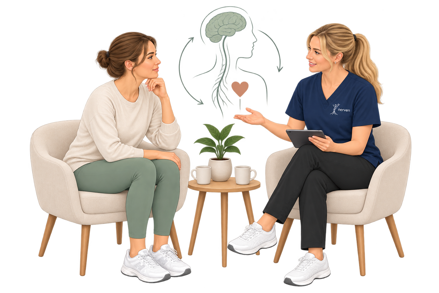 Fysioterapeut og pasient i samtale under Pain Reprocessing Therapy (PRT).