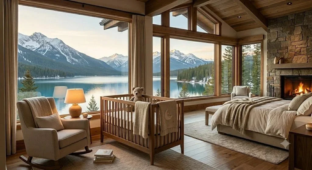 Chambre avec vue sur un lac de montagne, vrai lit bébé, ambiance chaleureuse pour des vacances en famille à la montagne