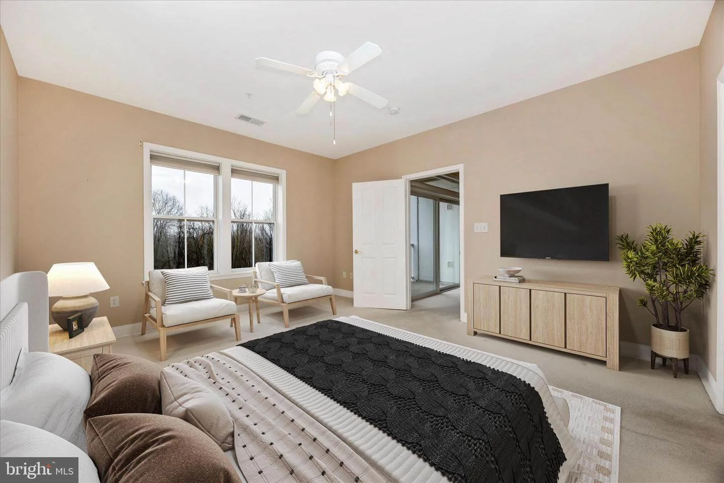 A bedroom with beige walls, a white ceiling fan, two large windows, a bed with white and brown bedding, a black throw blanket, a wooden nightstand with a lamp, two white armchairs with striped pillows, a wooden TV stand, a flat-screen TV, a potted pl