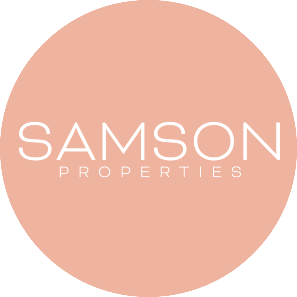 Logo for Samson Properties on a pink circular background.