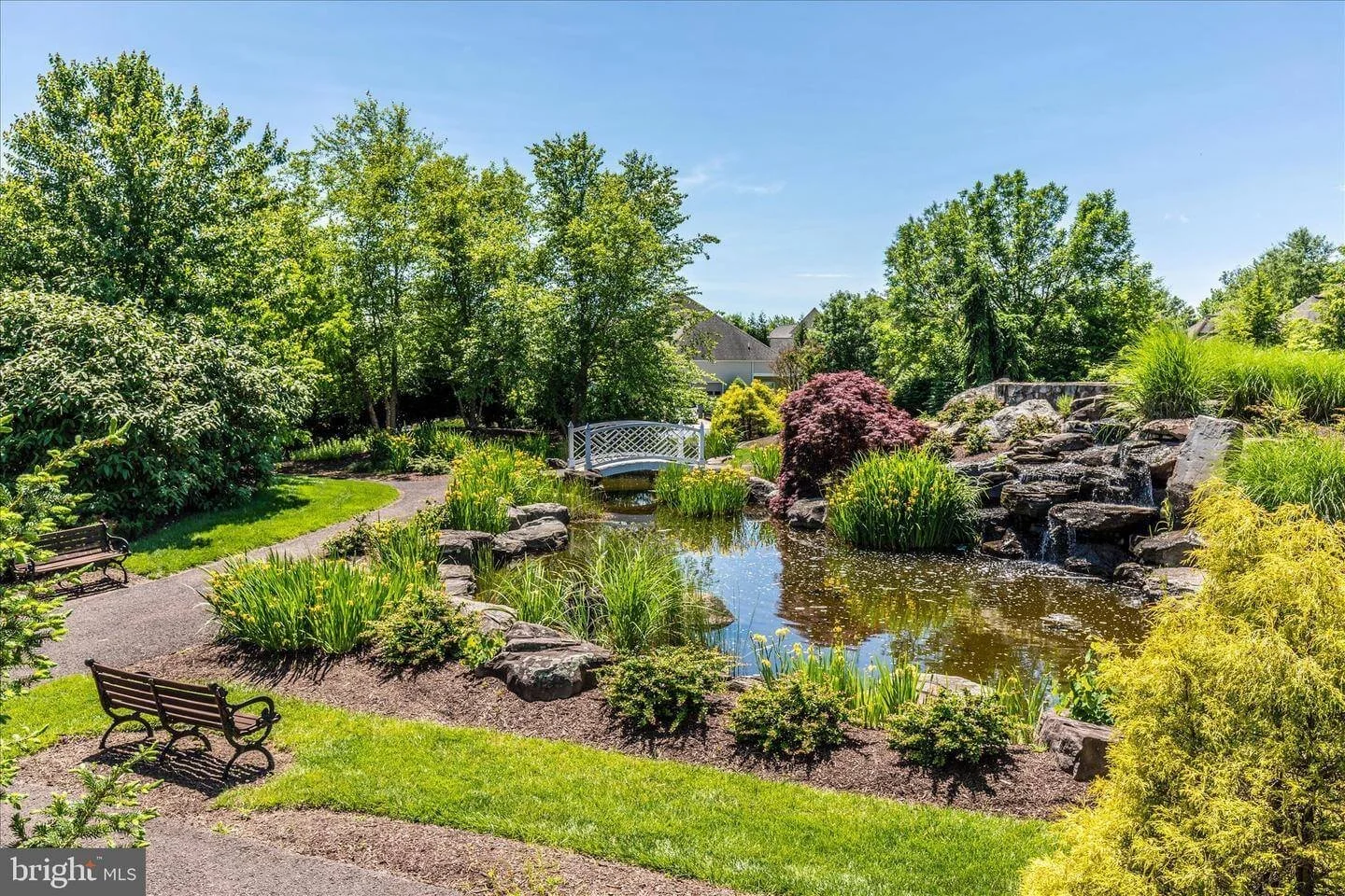 A landscaped garden with a pond, waterfall, small bridge, walking path, green bushes, trees, and a park bench on a sunny day.