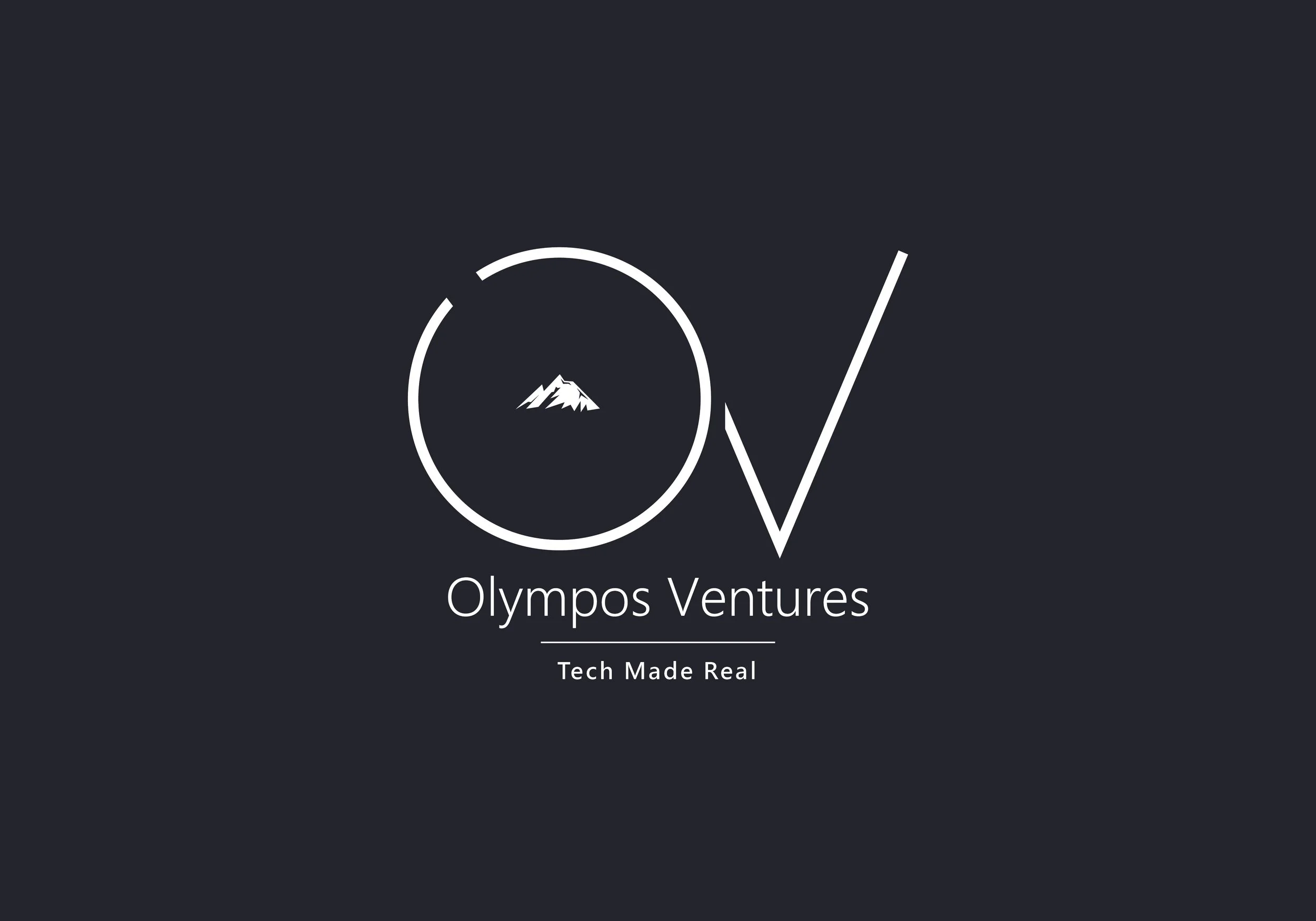 Logo van Olympos Ventures met een bergtop binnen een cirkel en een letter 'V' ernaast, met de tekst "Olympos Ventures" en de slogan "Tech Made Real" op een donkere achtergrond.