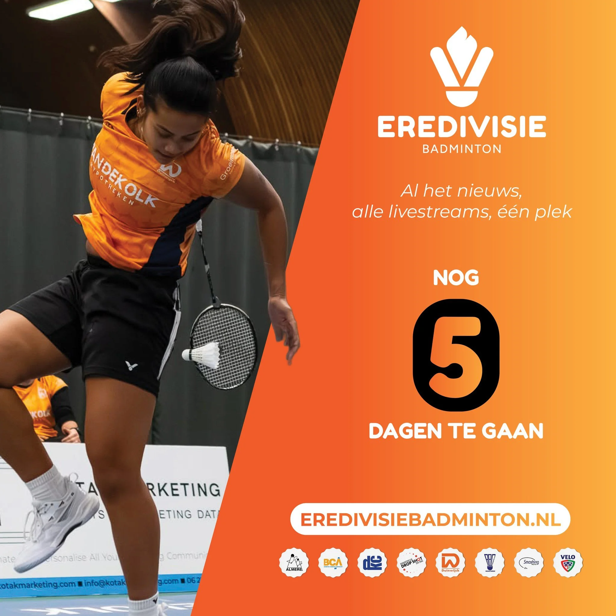 Nog 5 dagen tot de lancering van eredivisiebadminton.nl

Vanaf 26 augustus vind je op eredivisiebadminton.nl al het nieuws, alle livestreams en uitslagen van de hoogste badmintoncompetitie van Nederland. 

Al het nieuws, alle livestreams, &eacute;&ea
