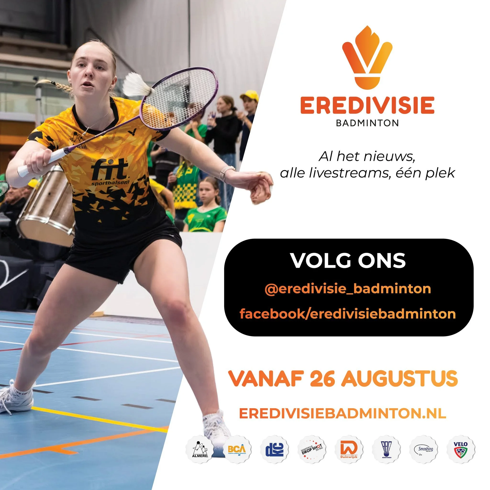 Nog 2 dagen tot de lancering van eredivisiebadminton.nl. 

26 augustus, gaat de site live: al het nieuws, alle livestreams en uitslagen van de Eredivisie Badminton, in aanloop naar de competitiestart op 12 september.

Al het nieuws, alle livestreams,