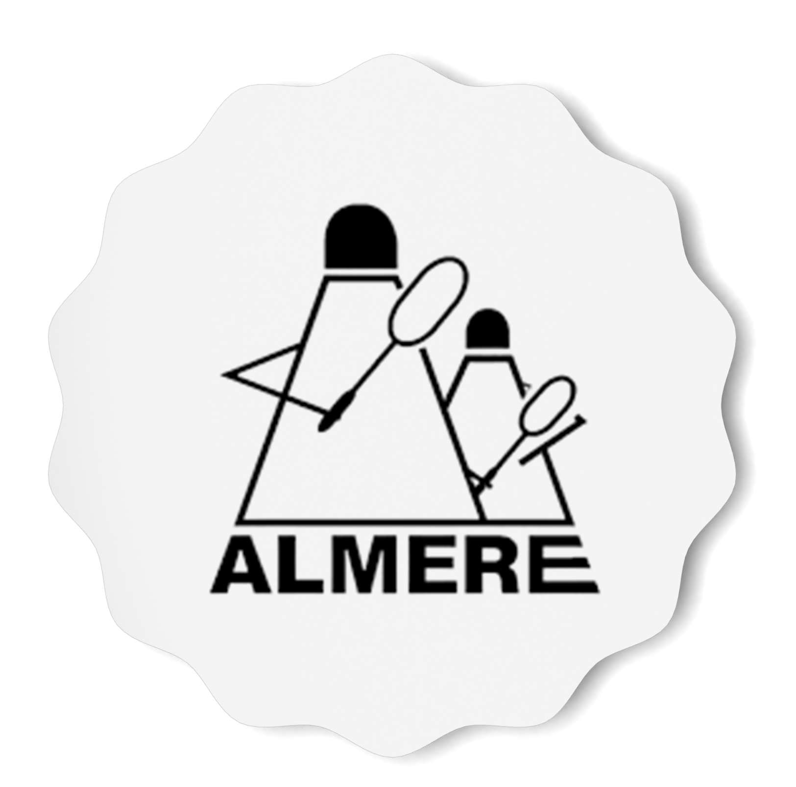 Logo met de tekst 'ALMERE' en een abstracte afbeelding van een persoon die twee vlaggen vasthoudt.