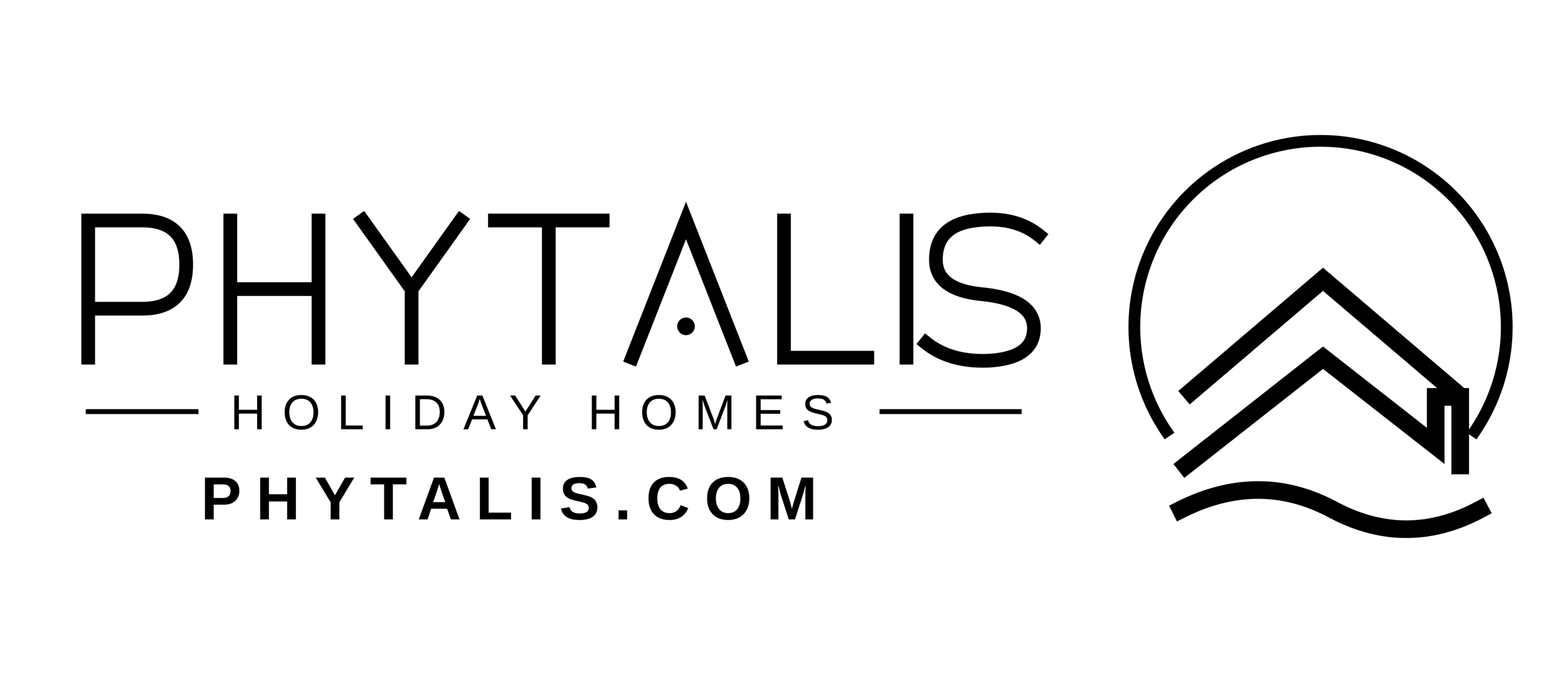 Logo van Phytalis met de tekst 'Holiday Homes' en de website 'Phytalis.com' en een grafisch symbool van een huis binnen een cirkel.