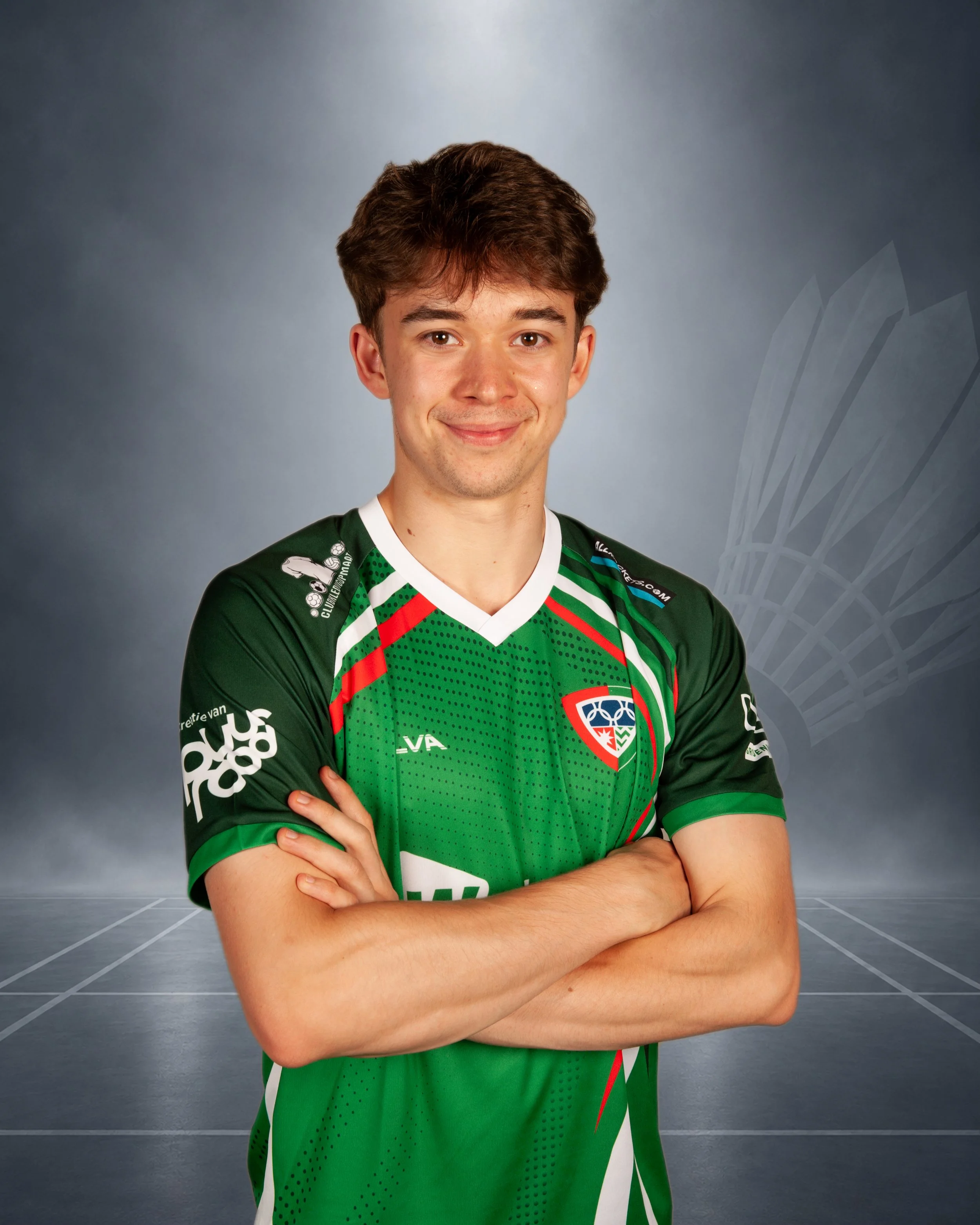 Badmintonner Angus Meldrum in zijn Velo clubshirt